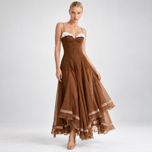 Brown Flowing Chiffon Midi Dress