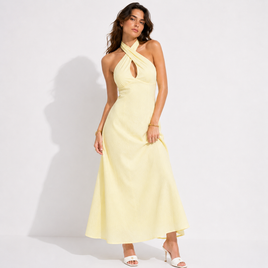 Yellow Cross-Neck Halter Backless Maxi Dress