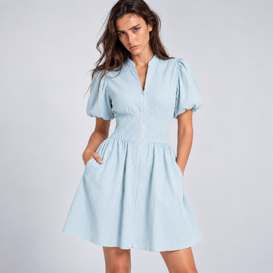 Blue Textured V-Neck Zip-Up Shirred High-Waist Mini Dress