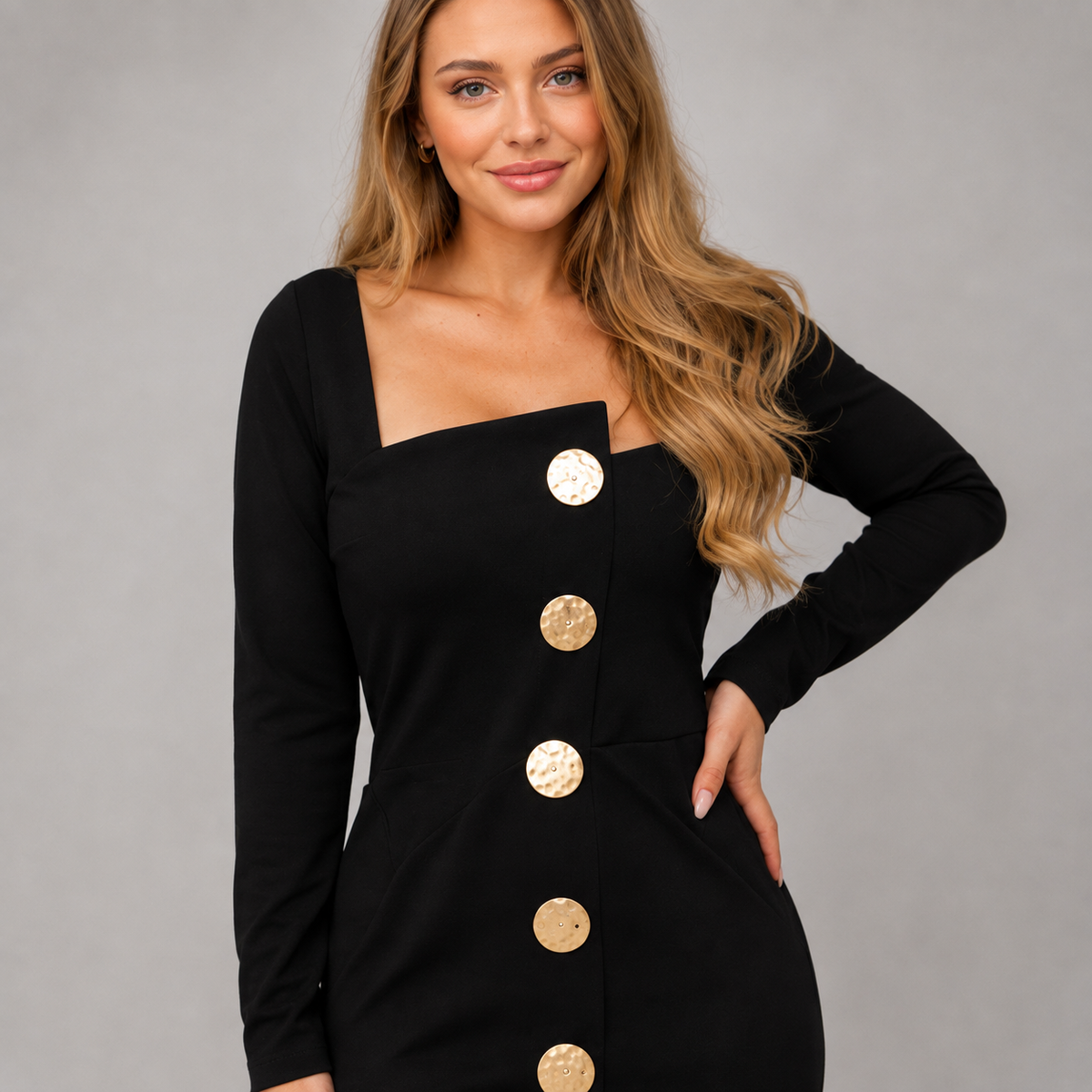 Multi Button Black Midi Dress