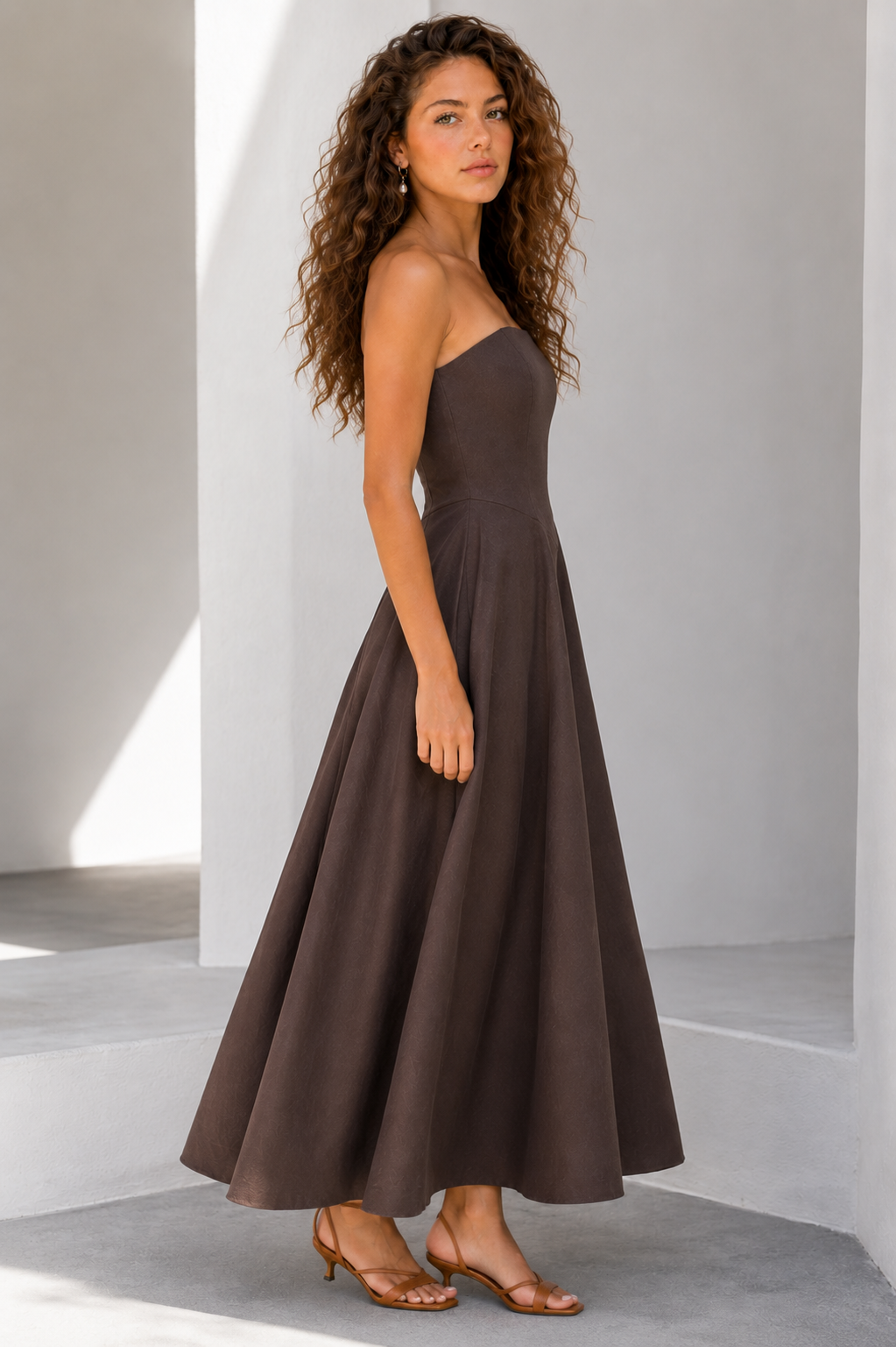 Coffee Strapless Sleeveless Full Dress