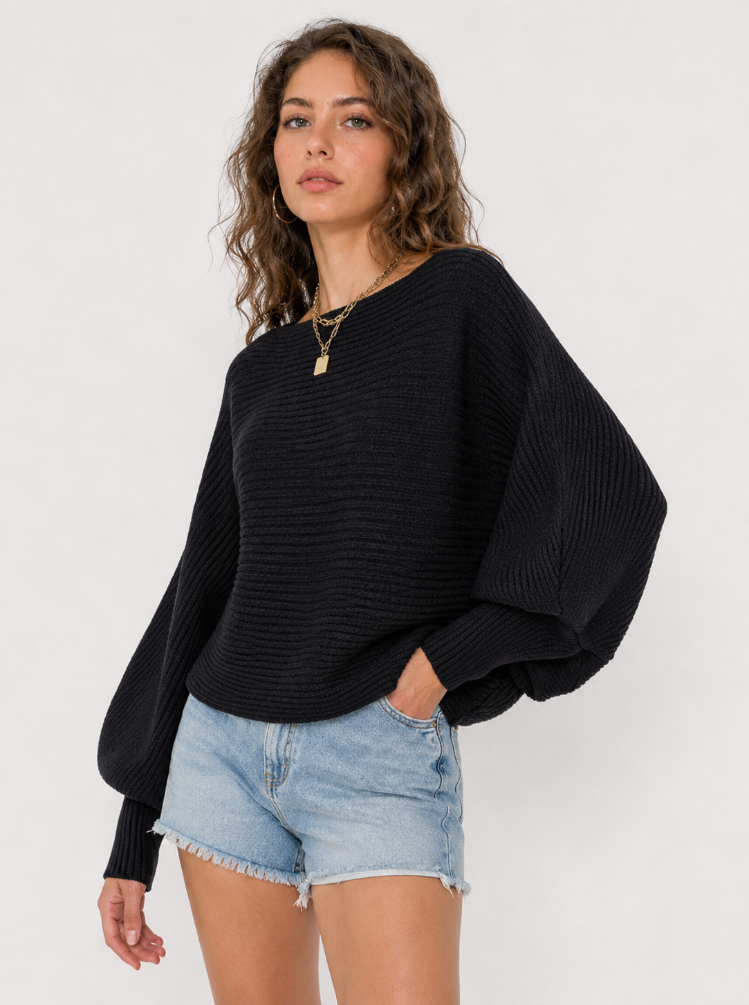 Ribbed dolman sleeve sweater – full view