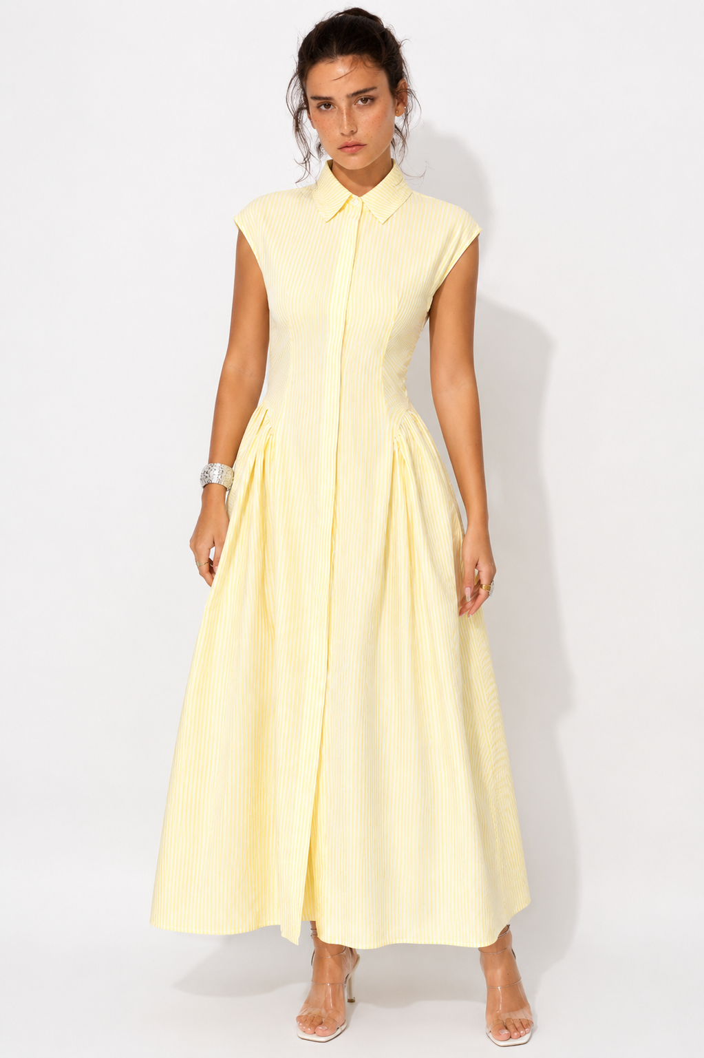 Yellow Ruched Waist Cap Sleeve Dress