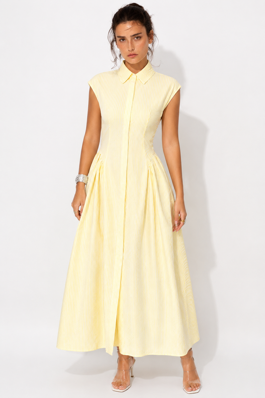 Yellow Ruched Waist Cap Sleeve Dress