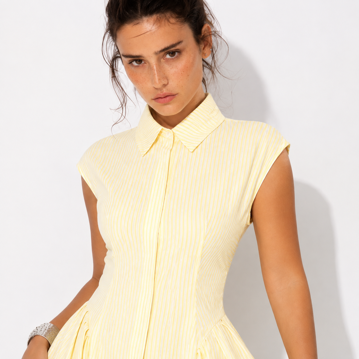 Yellow Ruched Waist Cap Sleeve Dress