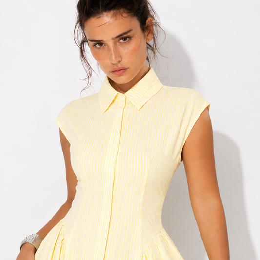 Yellow Ruched Waist Cap Sleeve Dress