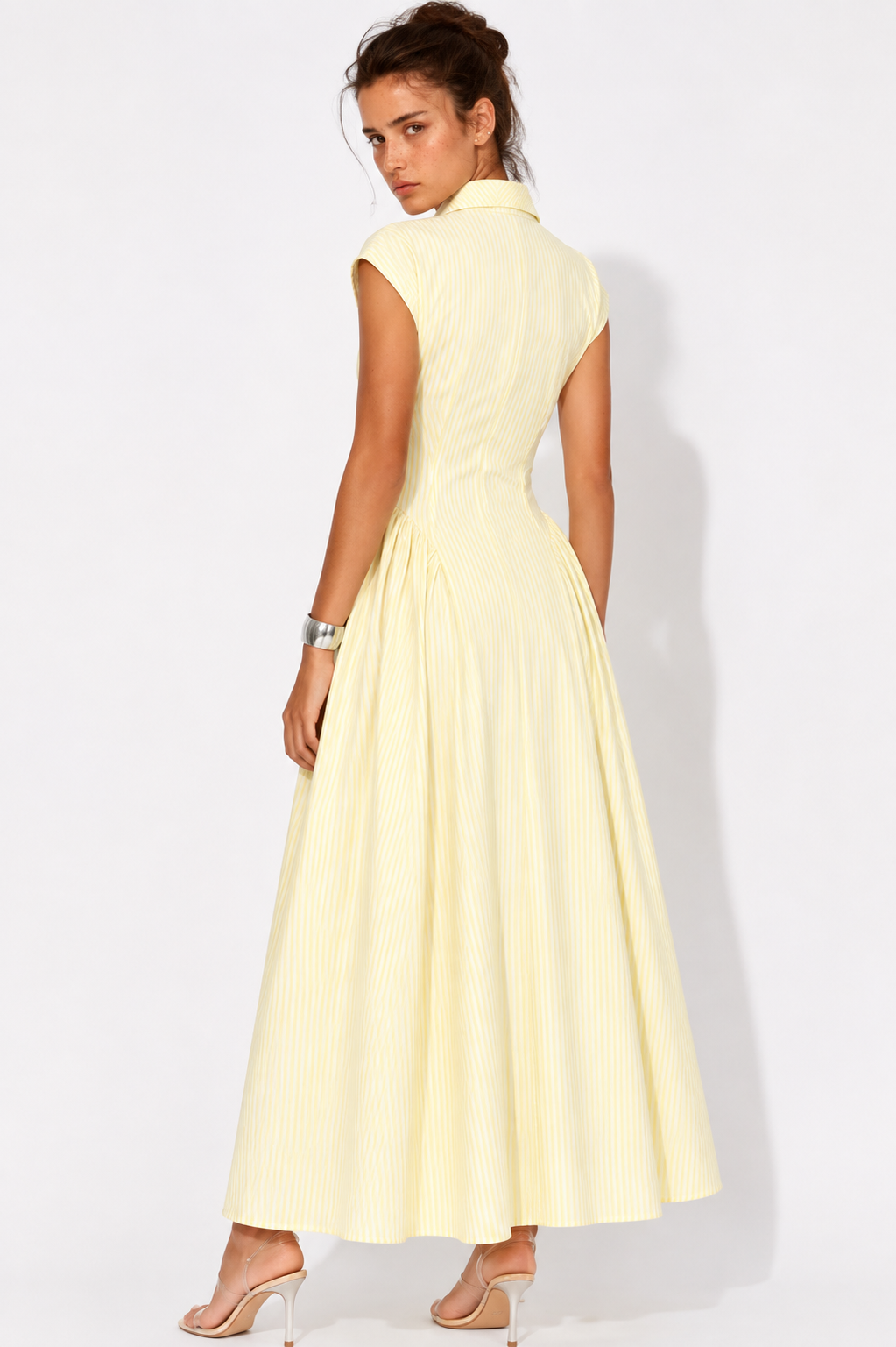 Yellow Ruched Waist Cap Sleeve Dress