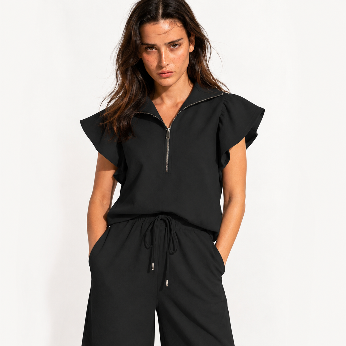 Textured Ruffle Sleeve Top and Wide Leg Pants Set