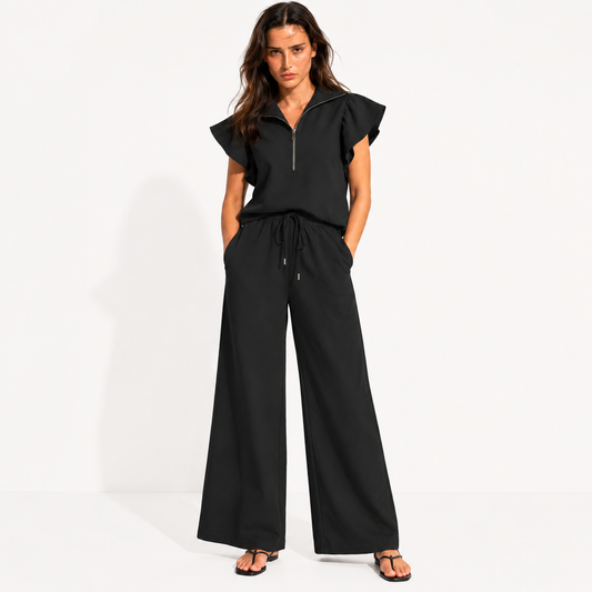Textured Ruffle Sleeve Top and Wide Leg Pants Set