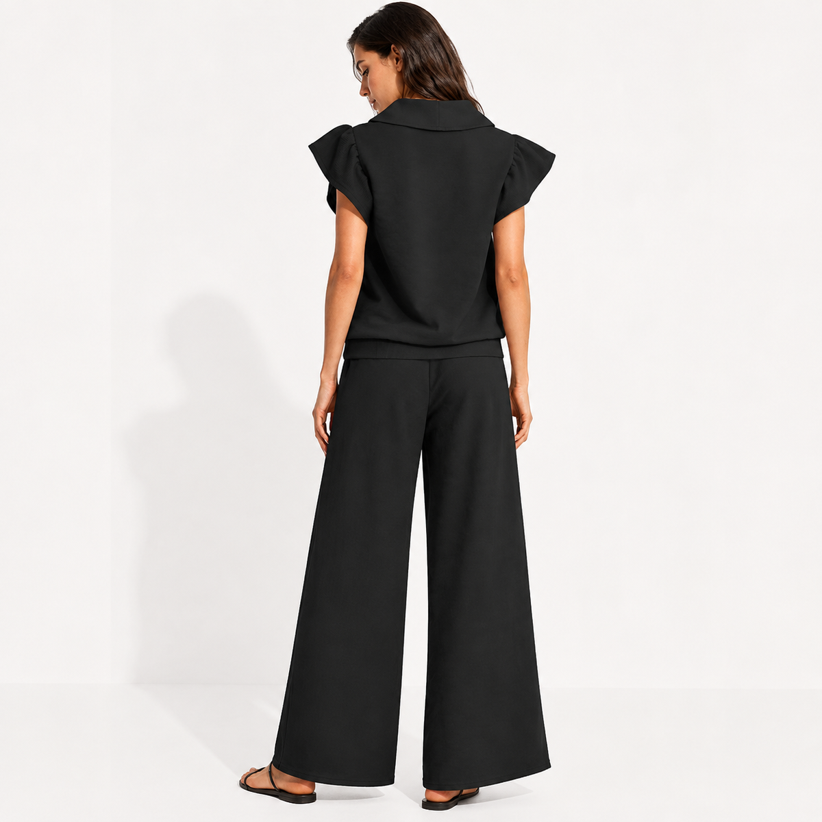 Textured Ruffle Sleeve Top and Wide Leg Pants Set