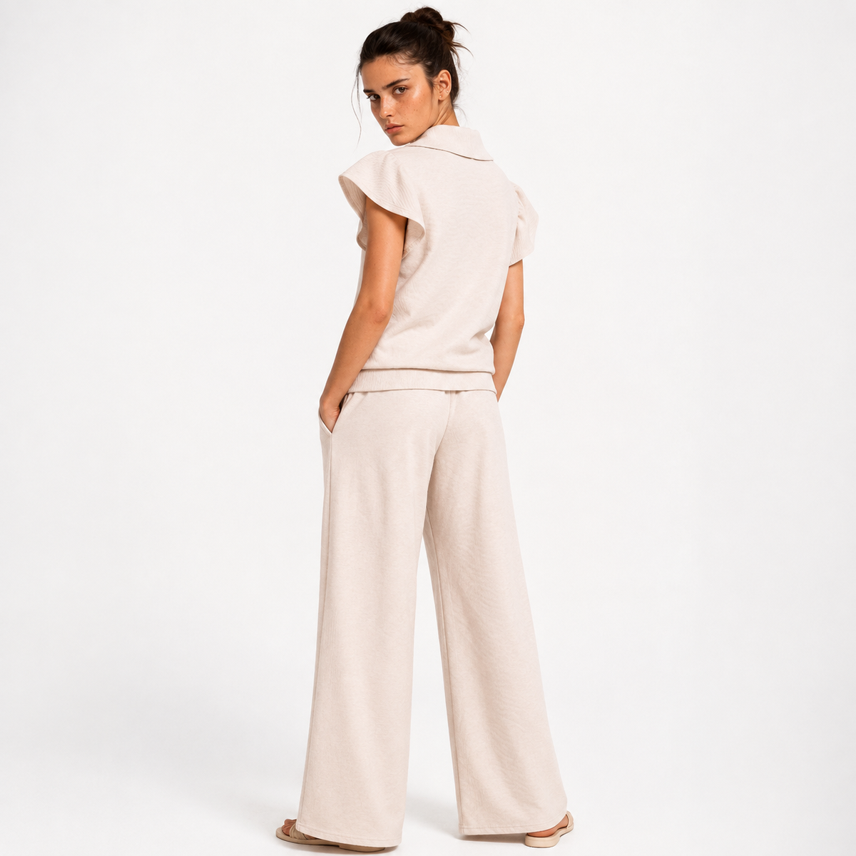 Textured Ruffle Sleeve Top and Wide Leg Pants Set