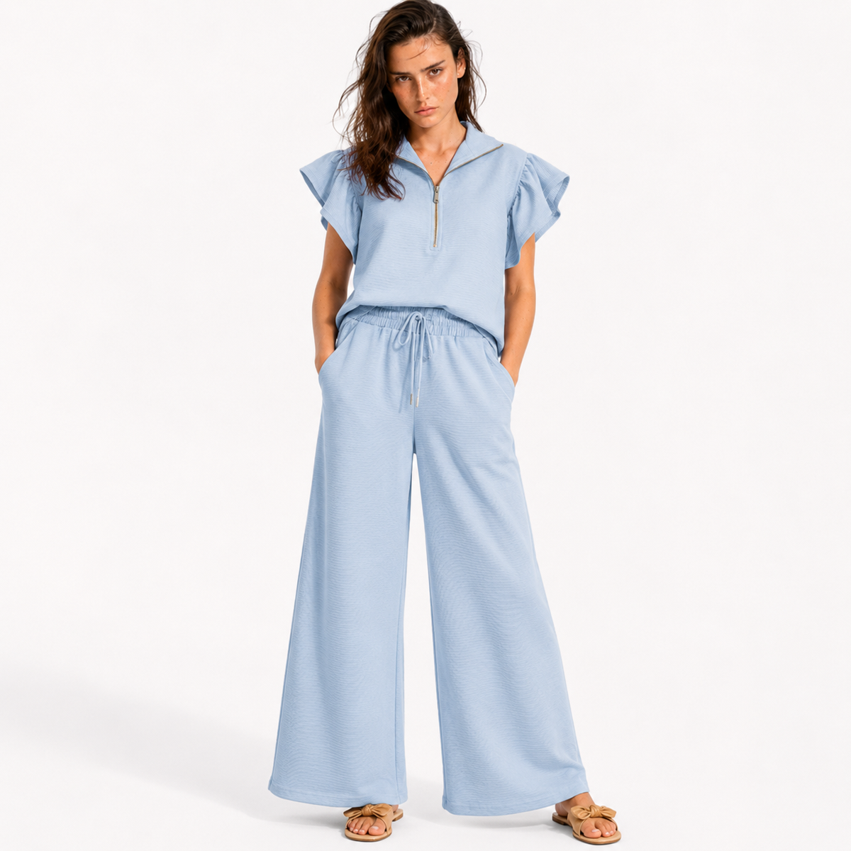 Textured Ruffle Sleeve Top and Wide Leg Pants Set