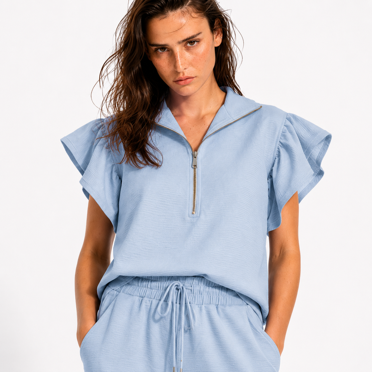 Textured Ruffle Sleeve Top and Wide Leg Pants Set