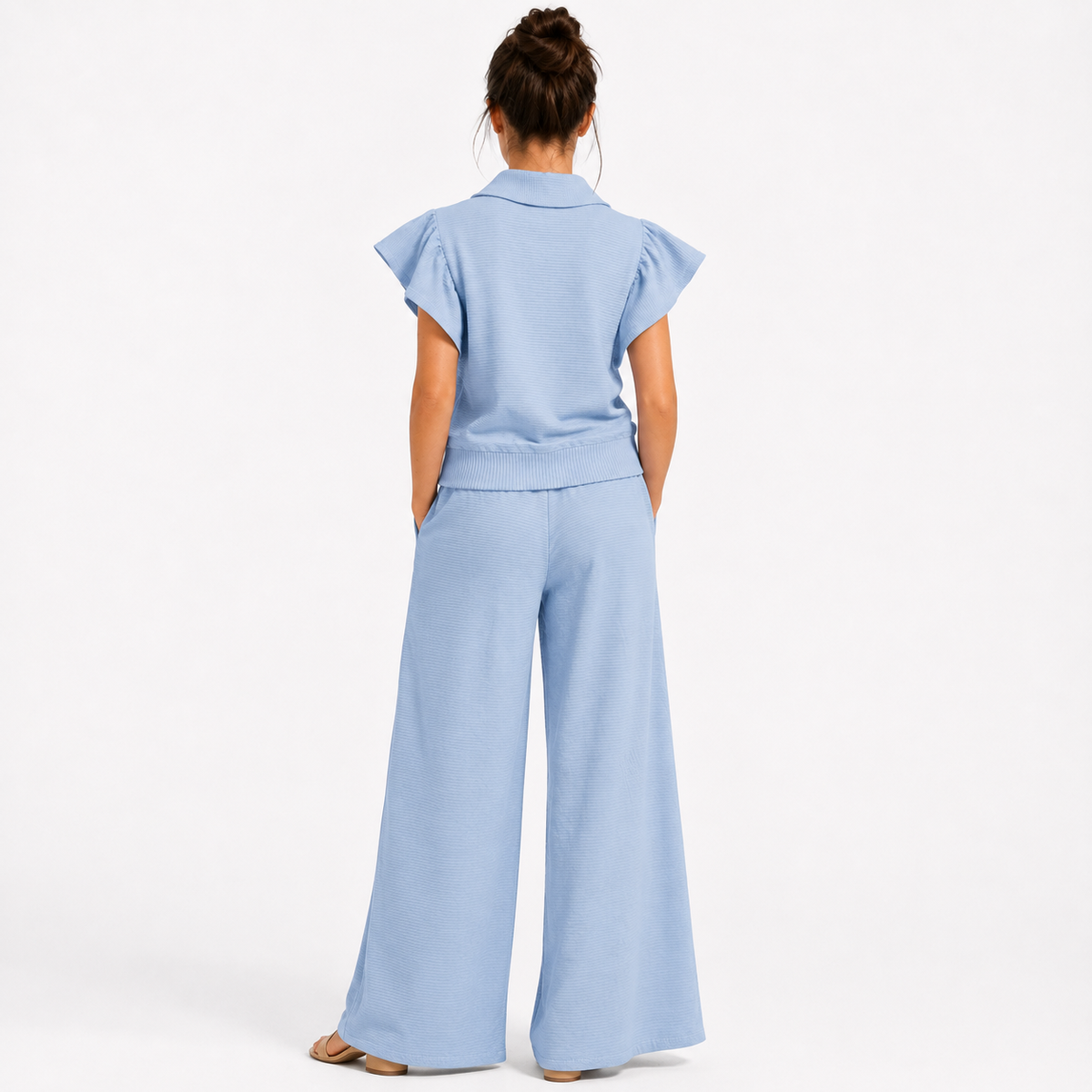 Textured Ruffle Sleeve Top and Wide Leg Pants Set