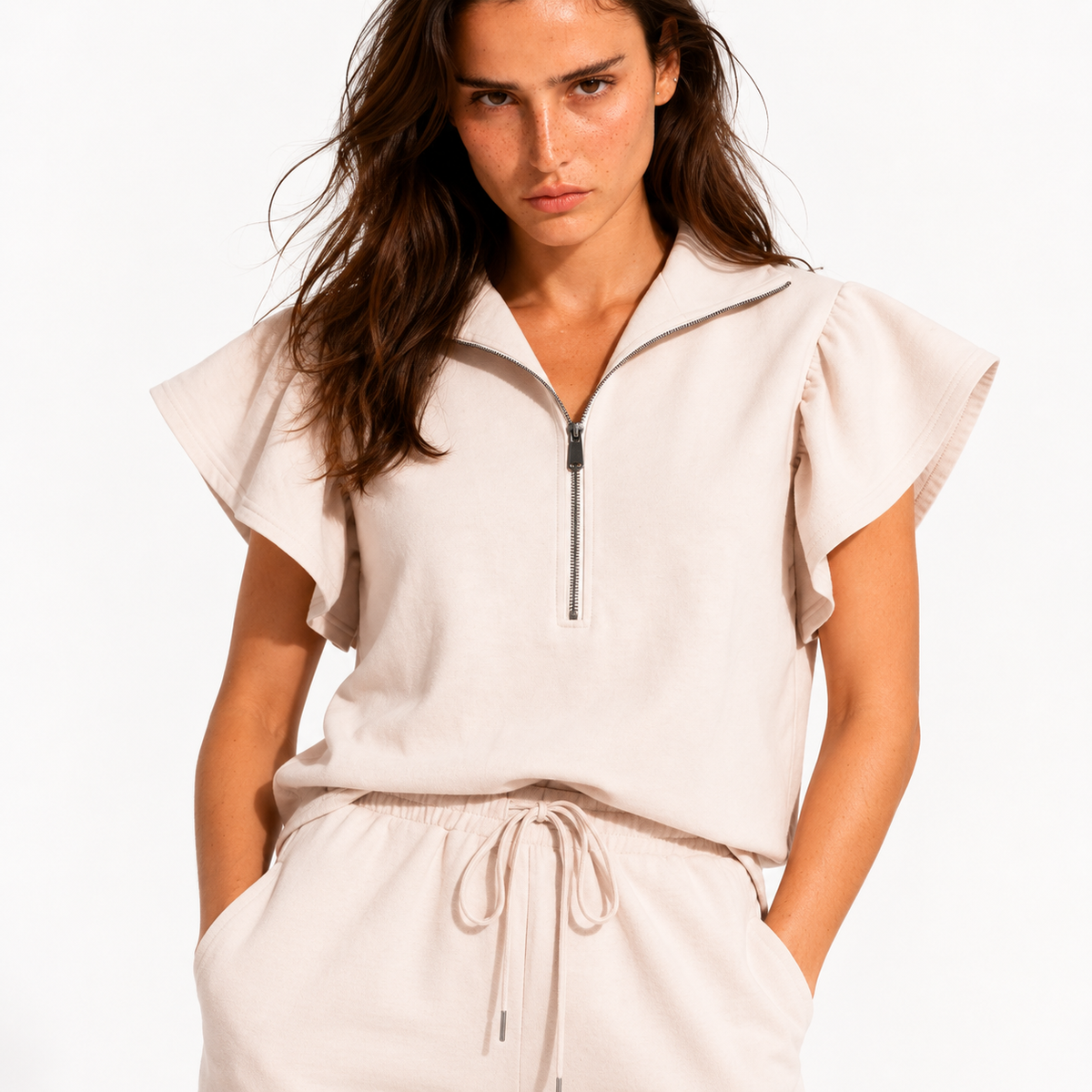 Textured Ruffle Sleeve Top and Wide Leg Pants Set