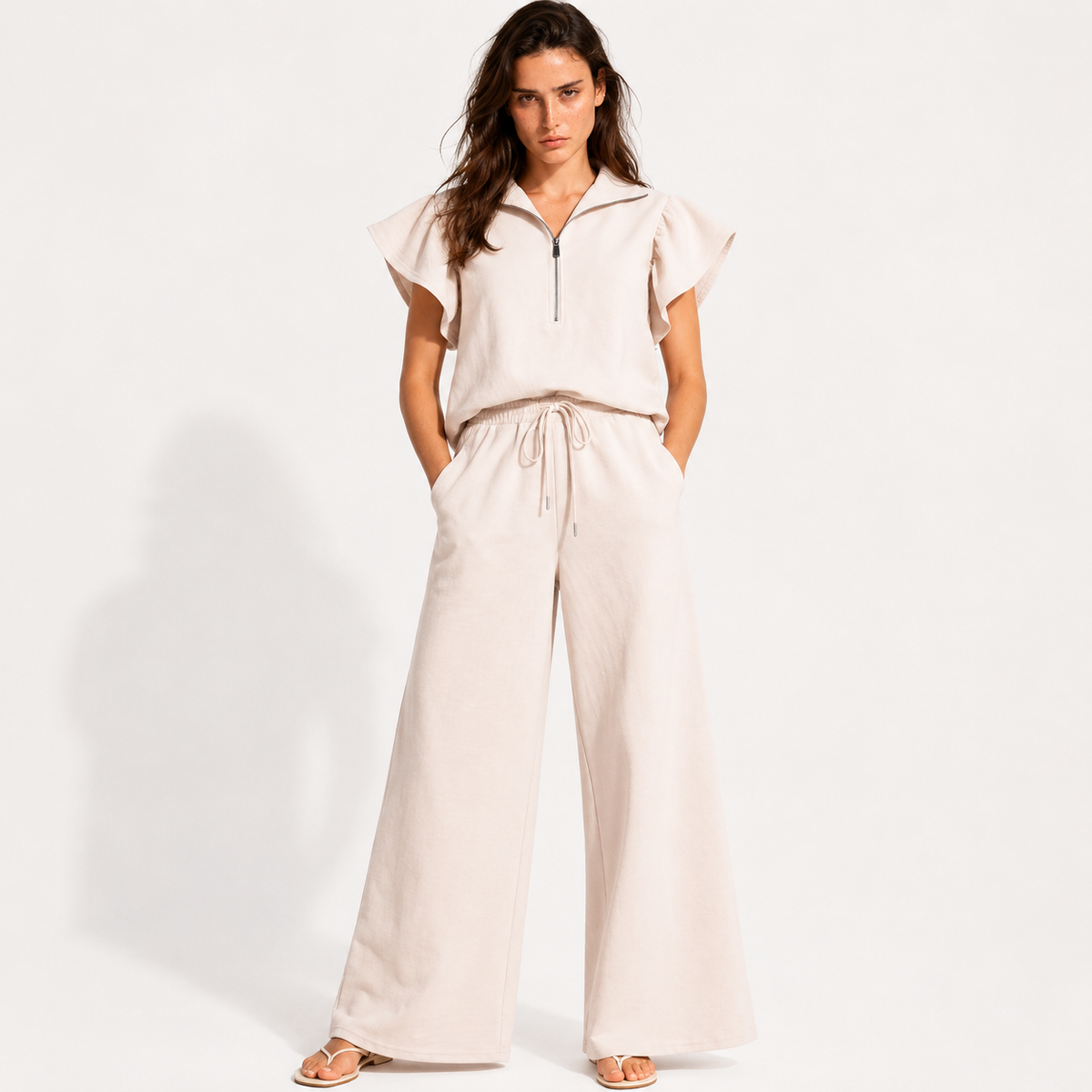 Textured Ruffle Sleeve Top and Wide Leg Pants Set