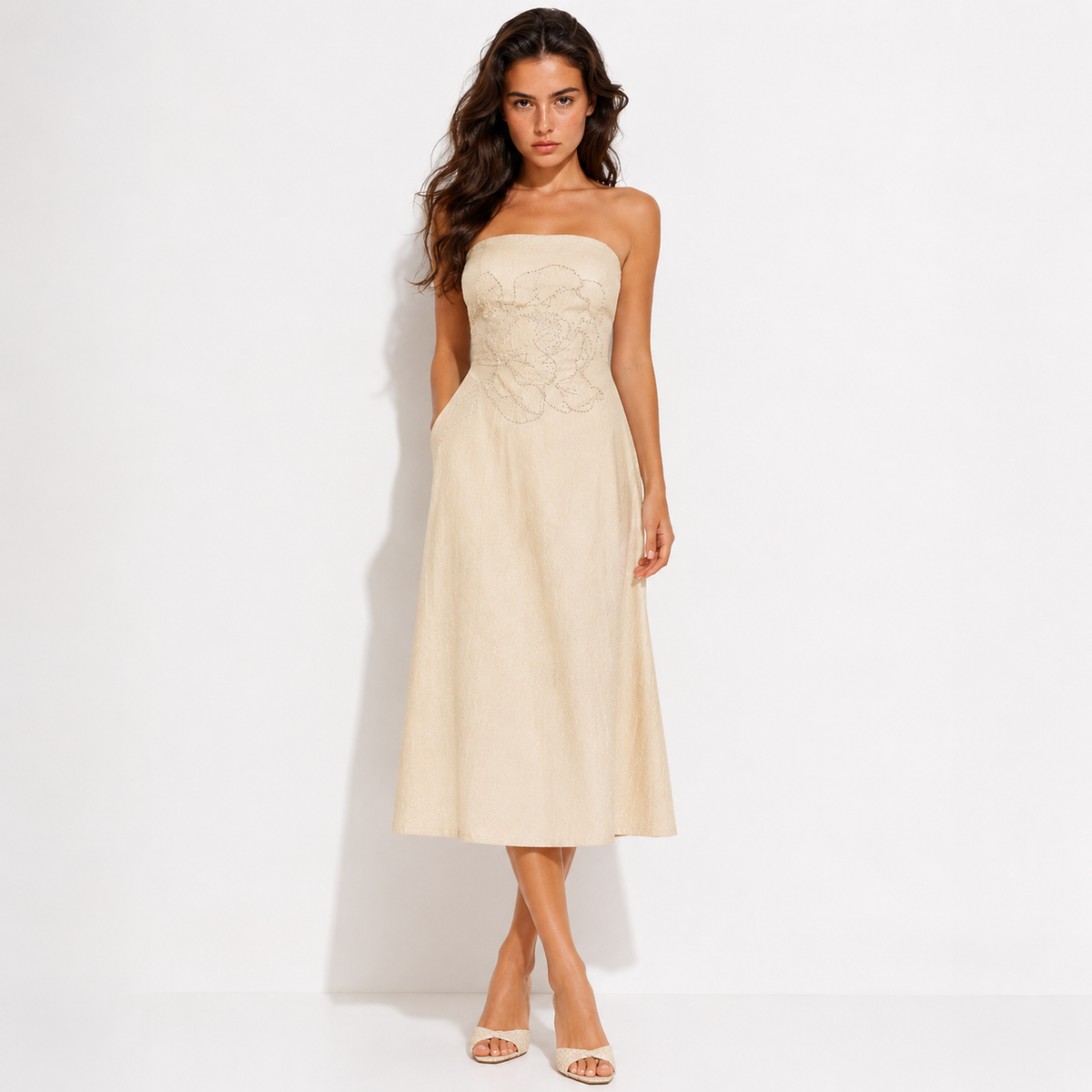 Beige Linen Strapless Dress