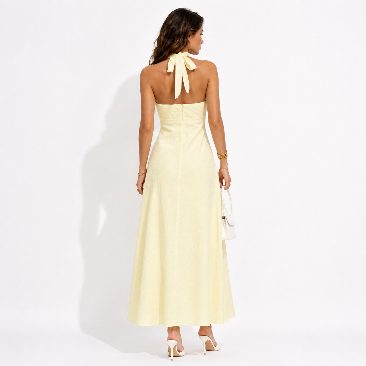 Yellow Cross-Neck Halter Backless Maxi Dress