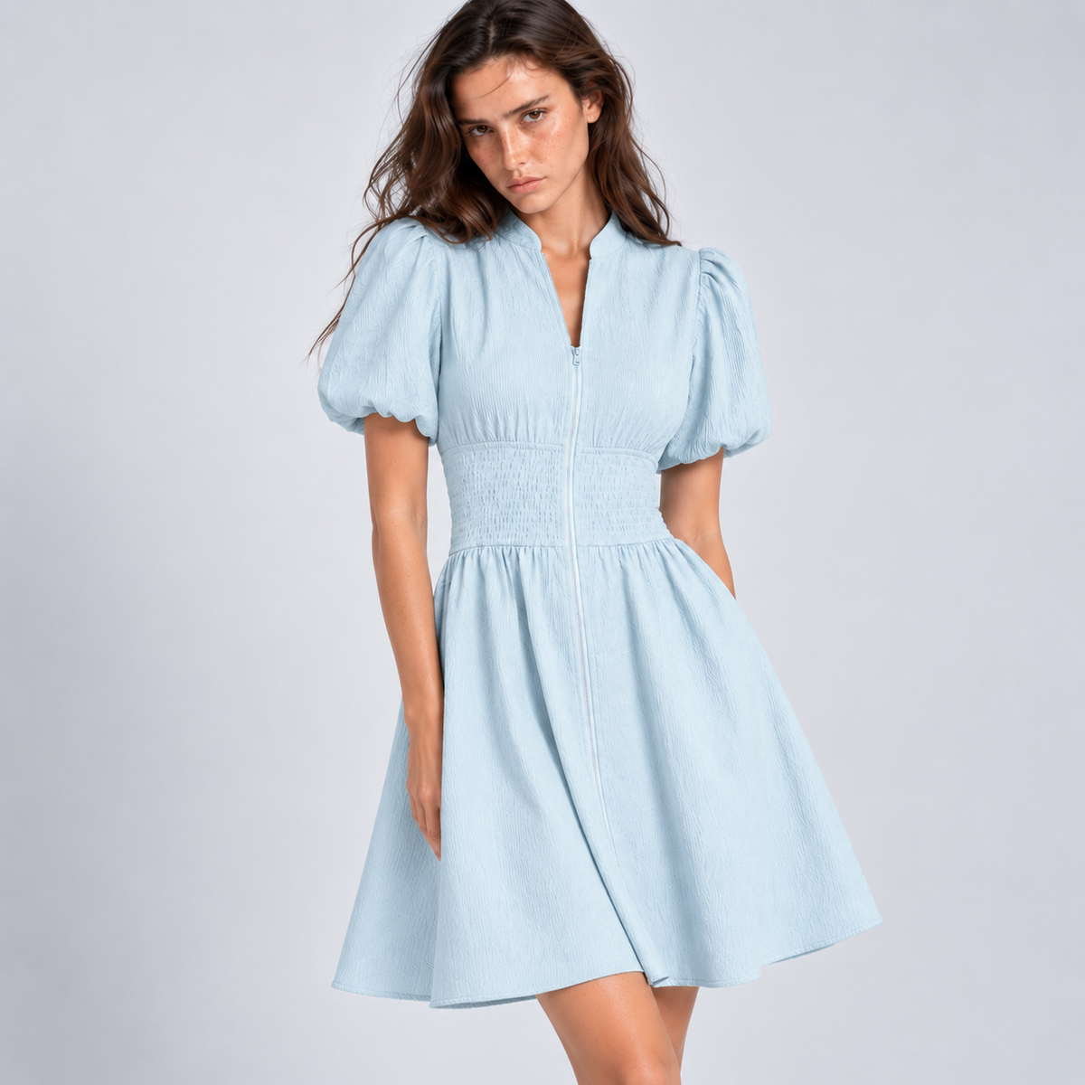 Blue Textured V-Neck Zip-Up Shirred High-Waist Mini Dress