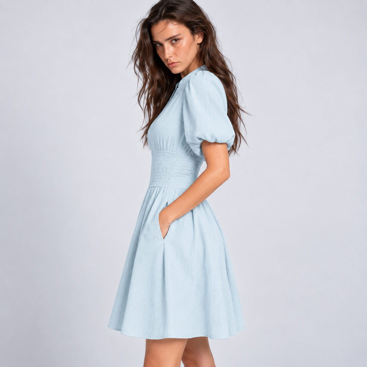 Blue Textured V-Neck Zip-Up Shirred High-Waist Mini Dress