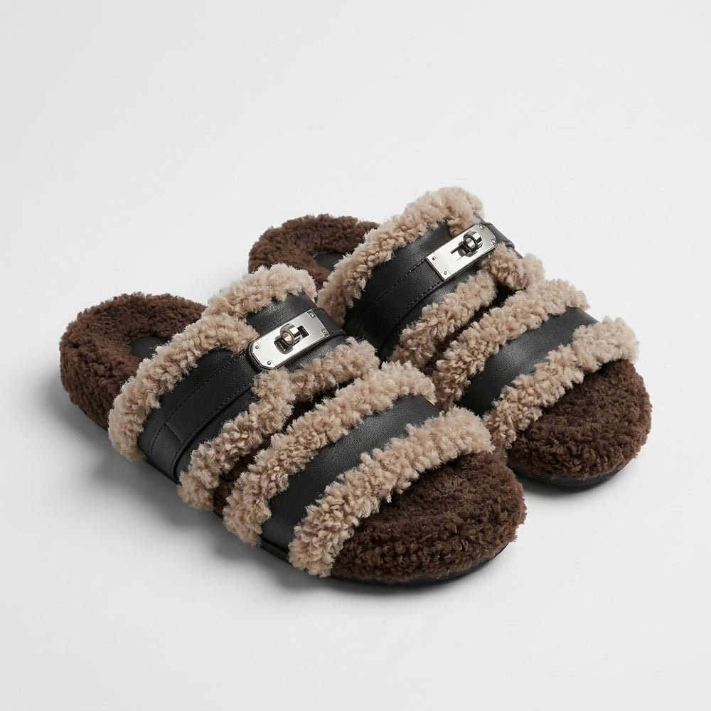 Fuzzy Buckle Plush Slippers