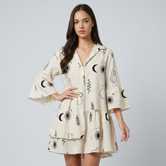 Beige Striped Collared Mini Dress