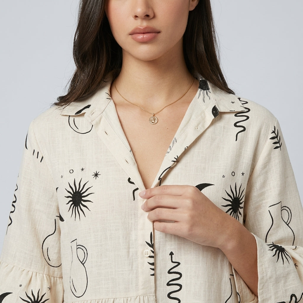Beige Striped Collared Mini Dress