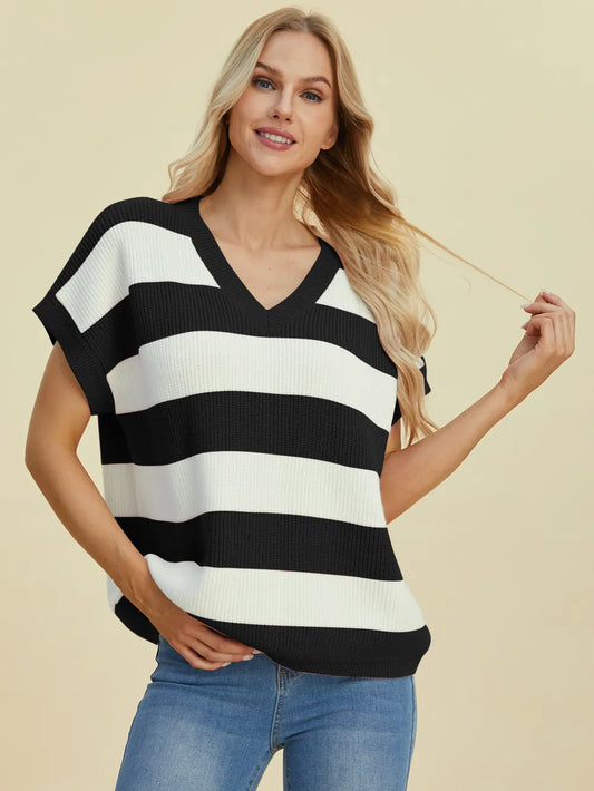 Striped V-neck short sleeve sweater – full view