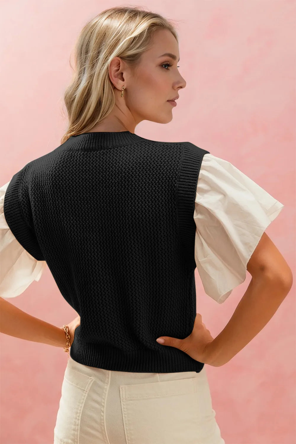 Black ruffled knit top – styling view