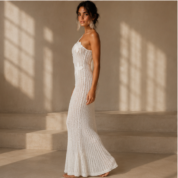 White one shoulder crochet maxi dress side view