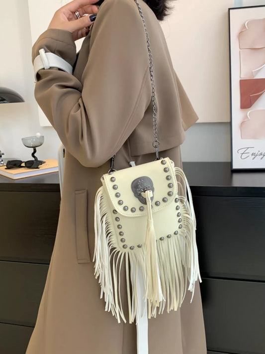 Fringe rivet mini crossbody bag front view | Orleve