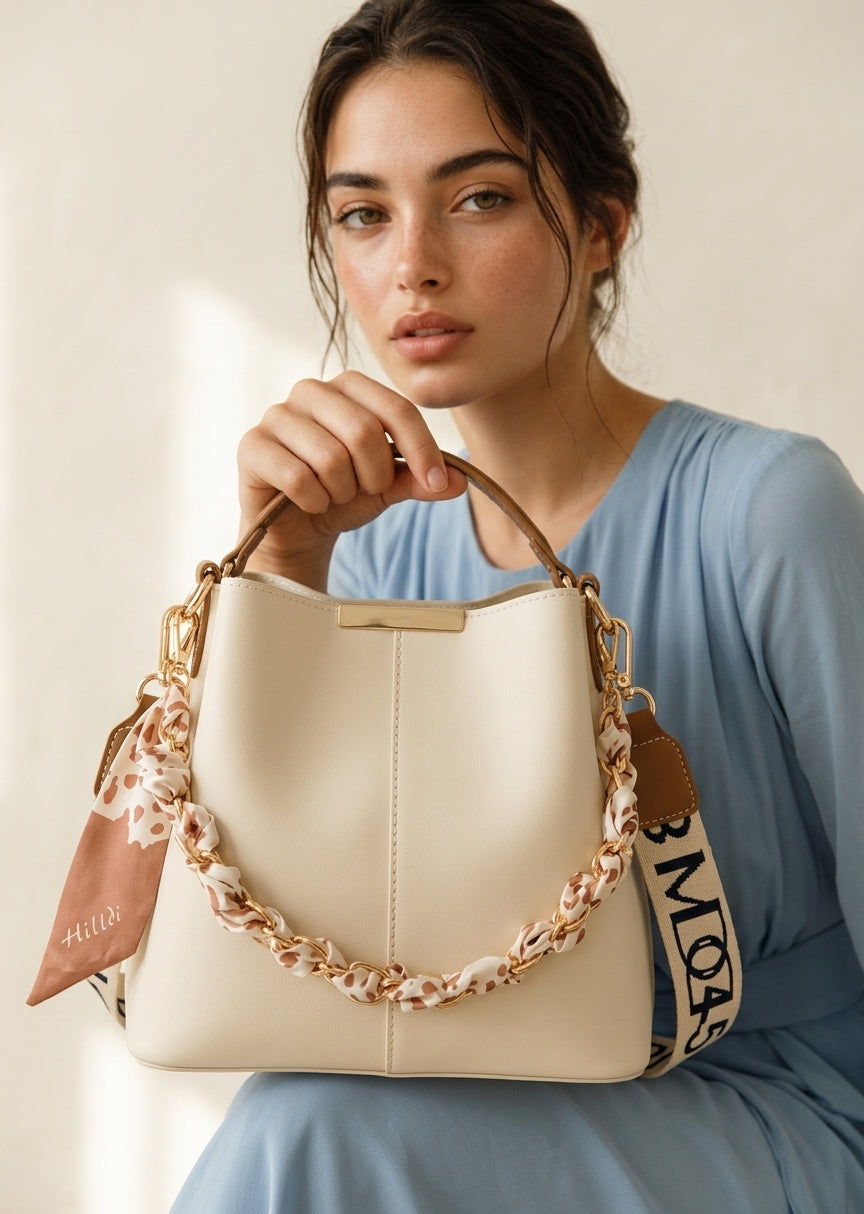 Ivory charm tote bag styling view | Orleve