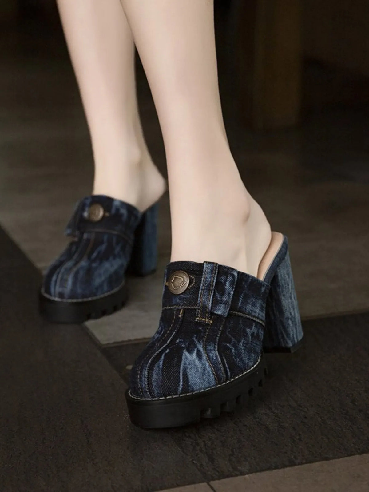 Orleve denim block heel sandals
