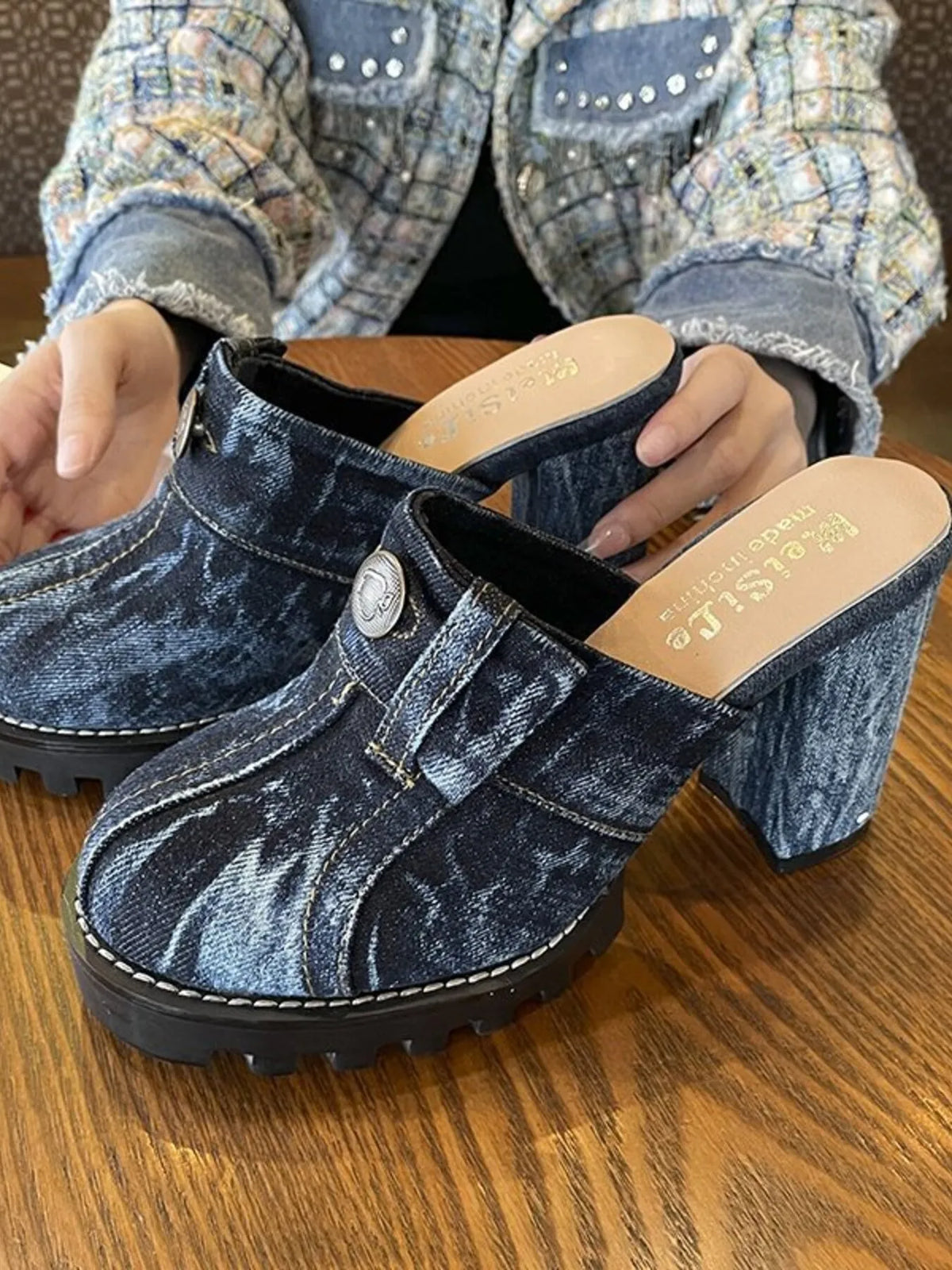 Orleve denim block heel sandals