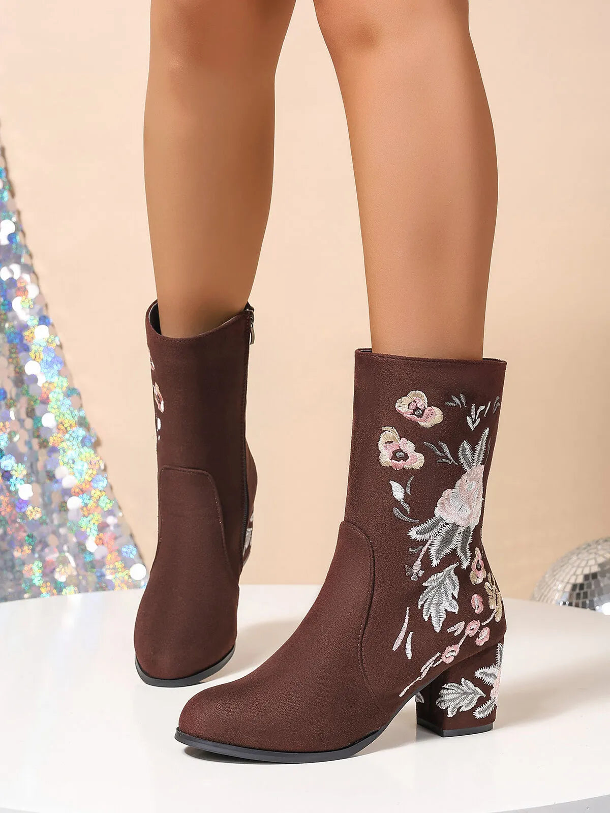 Orleve floral block heel boots