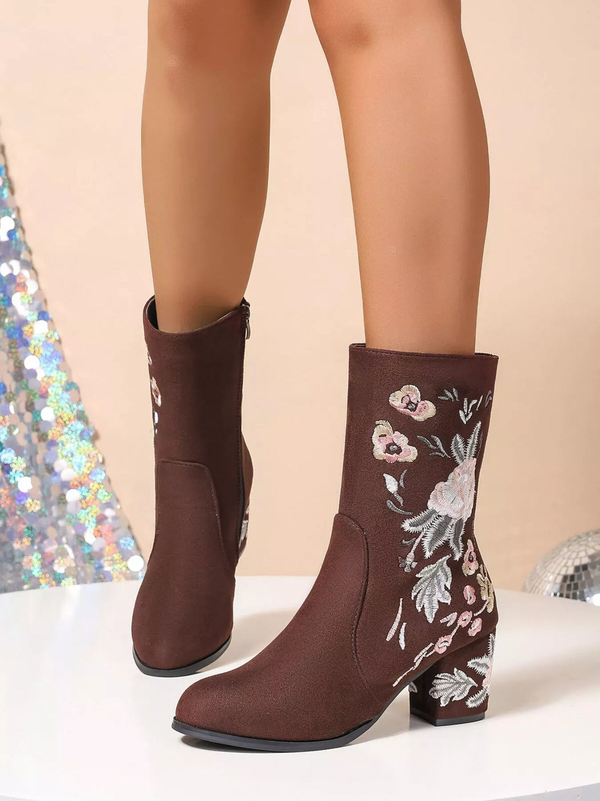 Orleve floral block heel boots