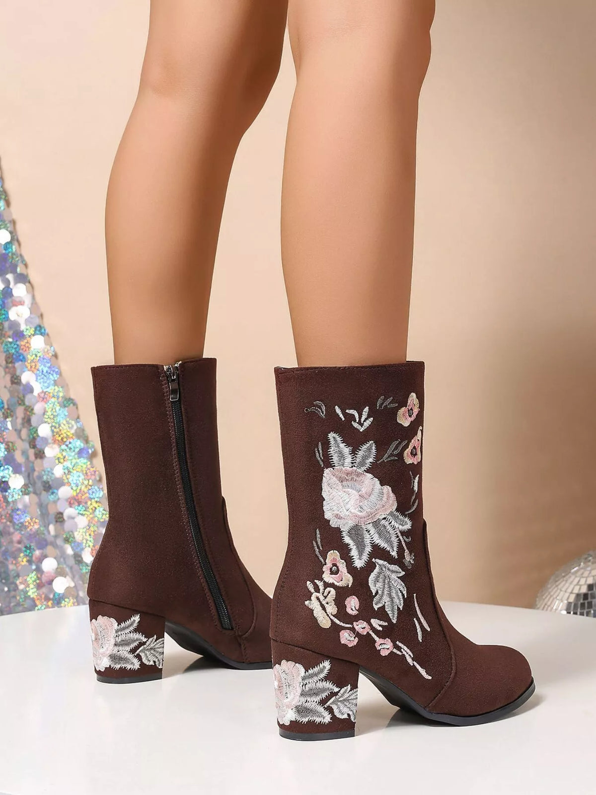 Orleve floral block heel boots