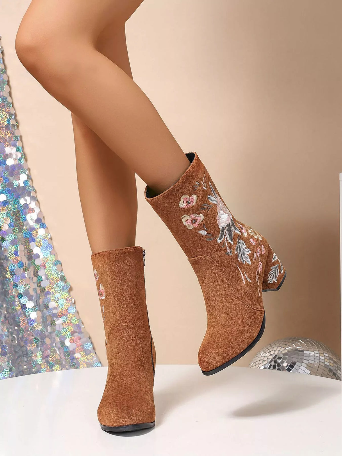 Orleve floral block heel boots