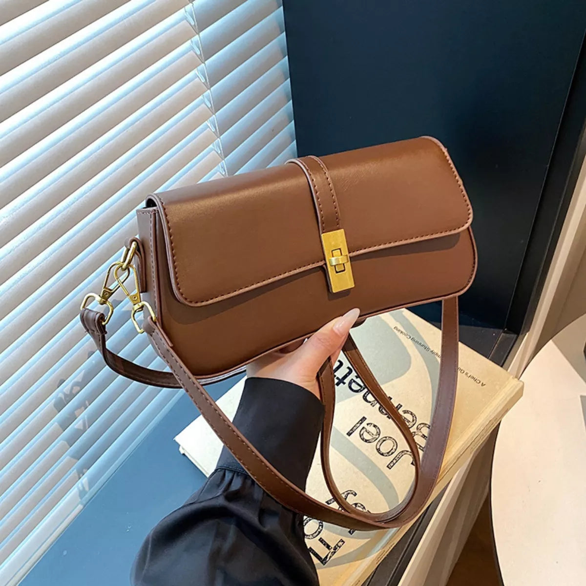 Rectangular golden buckle crossbody bag full view | Orleve